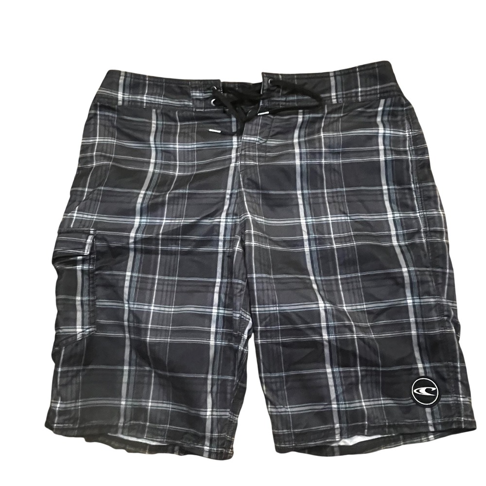 ONeill Mens Plaid Board Shorts Black Grey Teal Cargo Pocket Swim Trunks Size 34